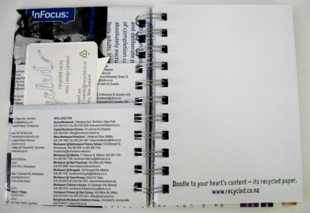 Inside view of the spiral bound notebooks made from the publication, Montessori Voices